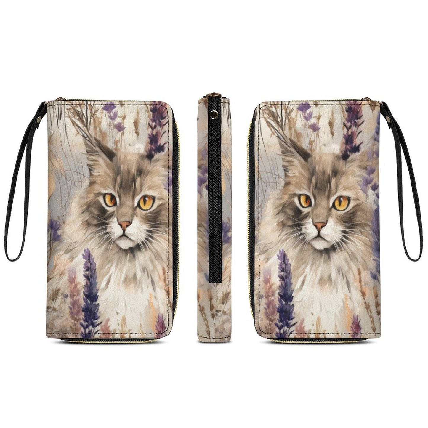 Cat with Floral Leather Wallet with Wristlet Strap