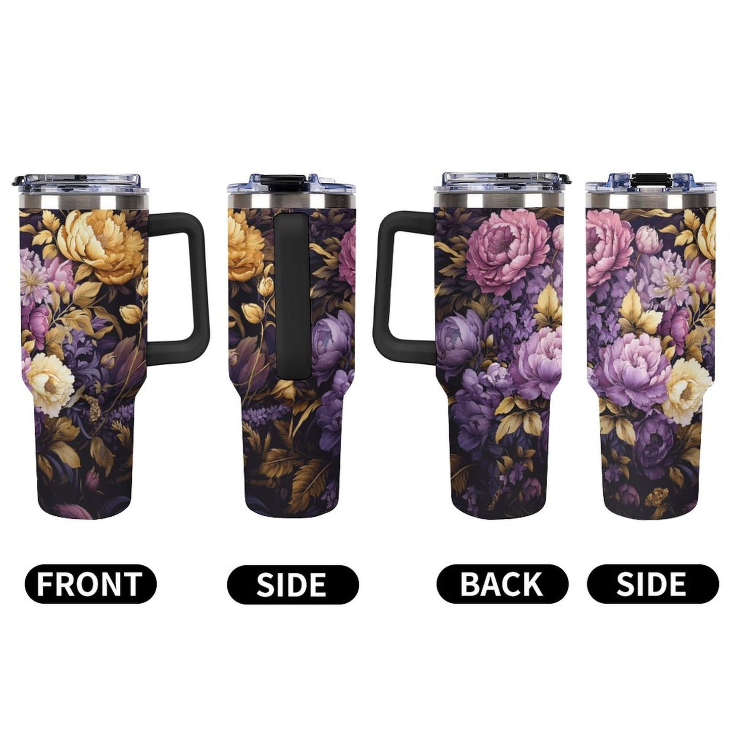 Purple Floral 40oz Insulated Tumbler with Handle and Straw