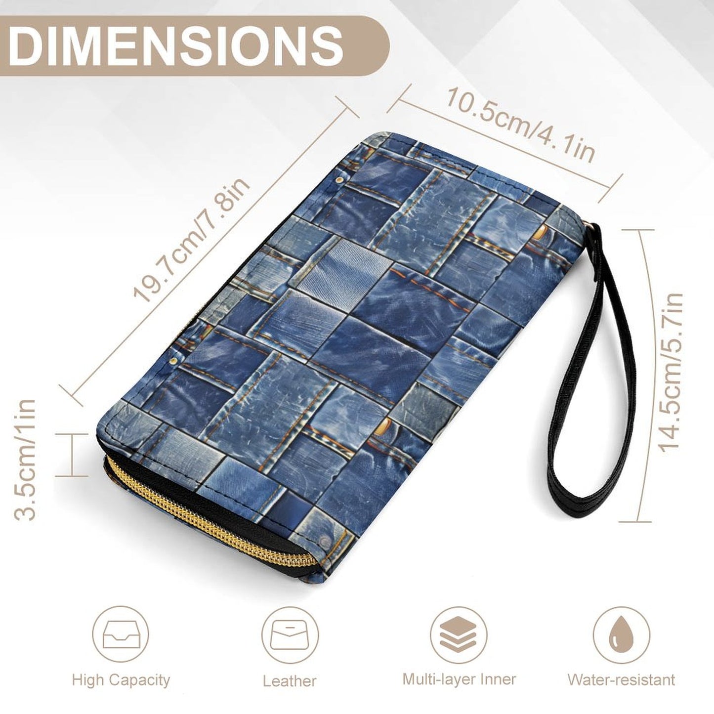 Denim Patch Leather Wallet with Wristlet Strap