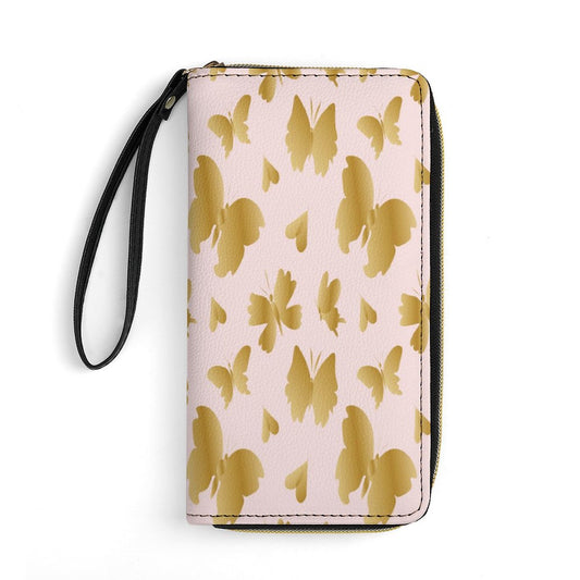 Pink and Gold Butterflies Leather Wallet with Wristlet Strap