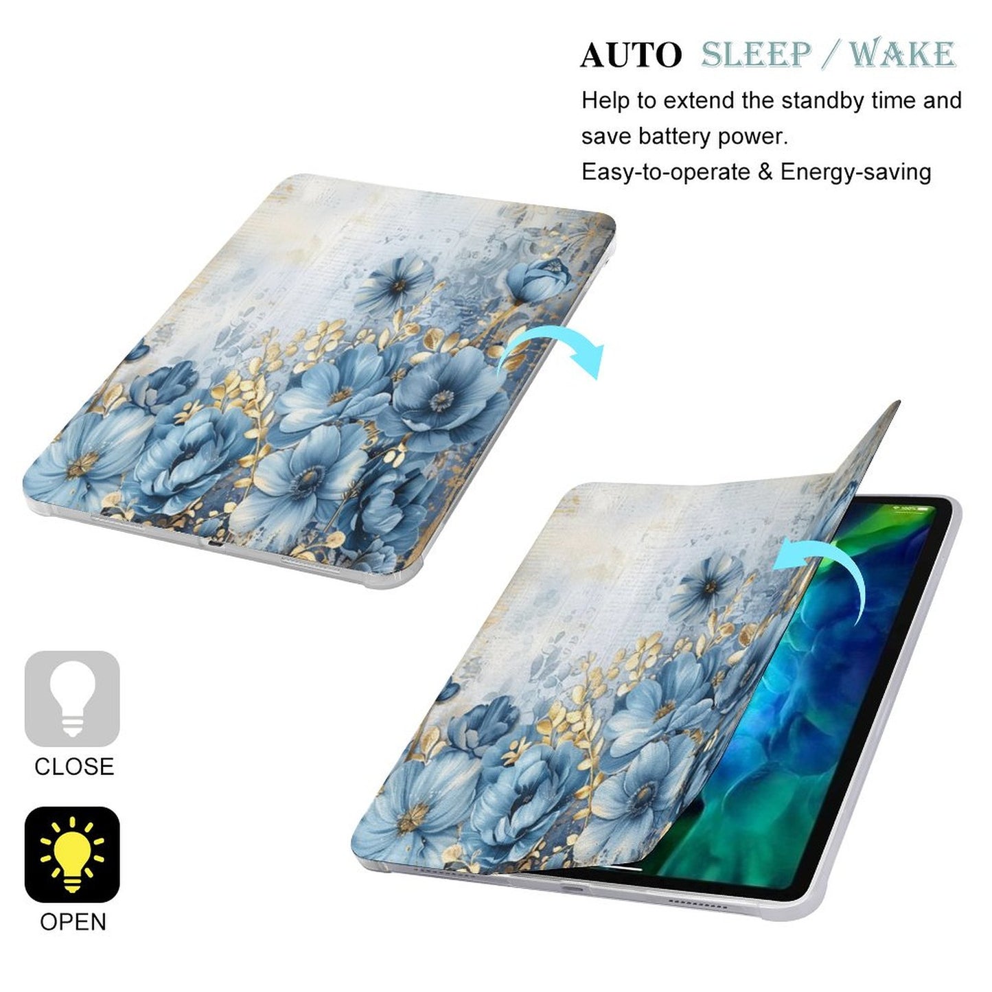 Blue and Gold Junk Floral Folding iPad Case 
for Full Protection 12.9" iPad