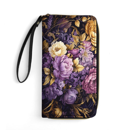 Purple Floral Leather Wallet with Wristlet Strap