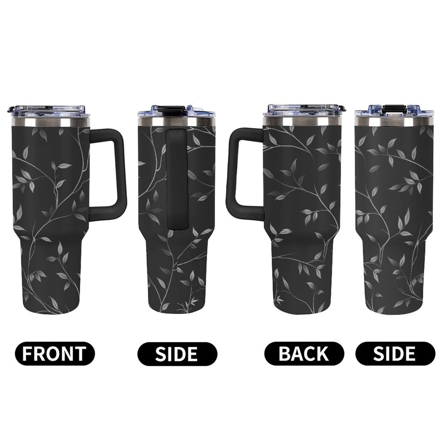 Black and Silver Vines 40oz Insulated Tumbler with Handle and Straw