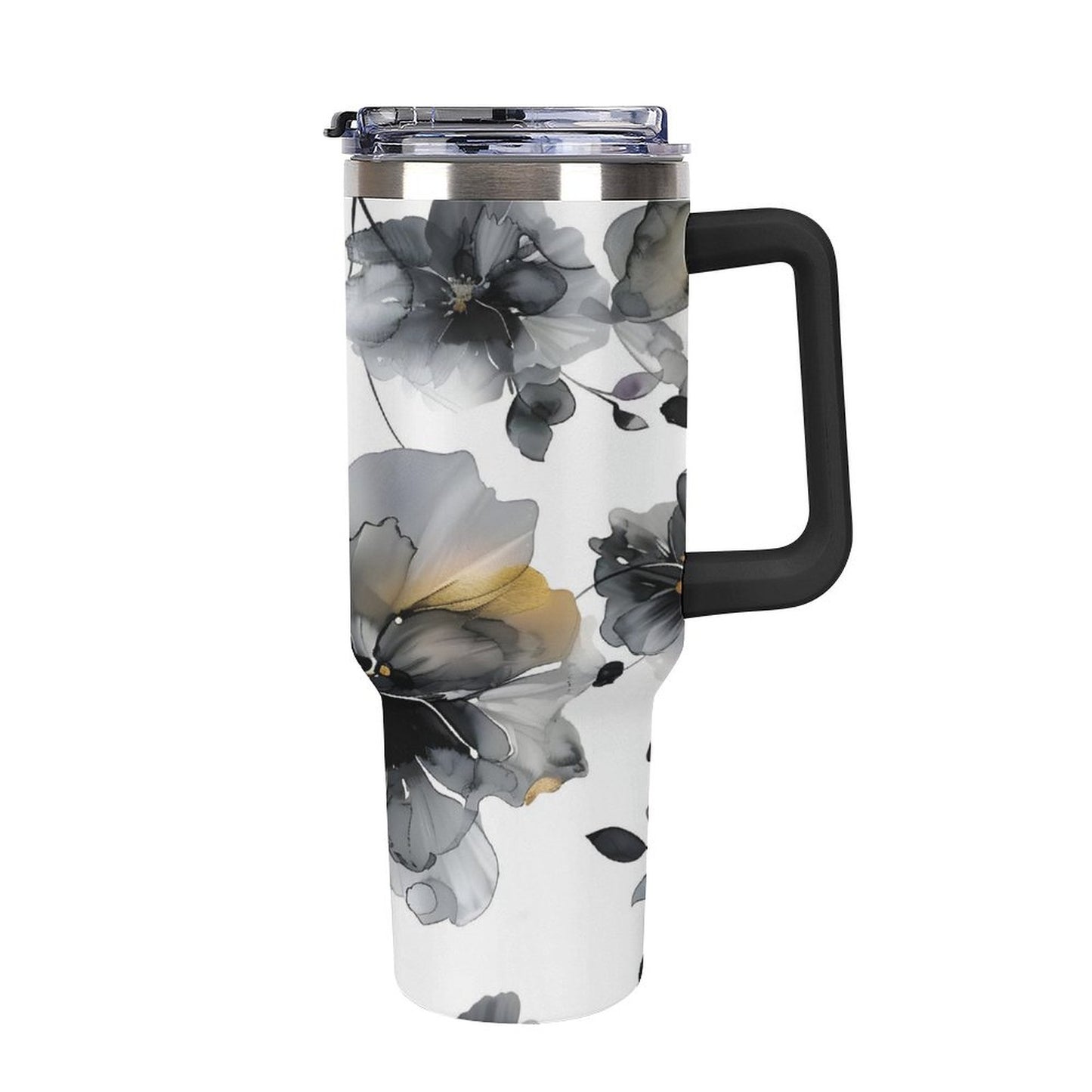 Alcohol Black Floral 40oz Insulated Tumbler with Handle and Straw