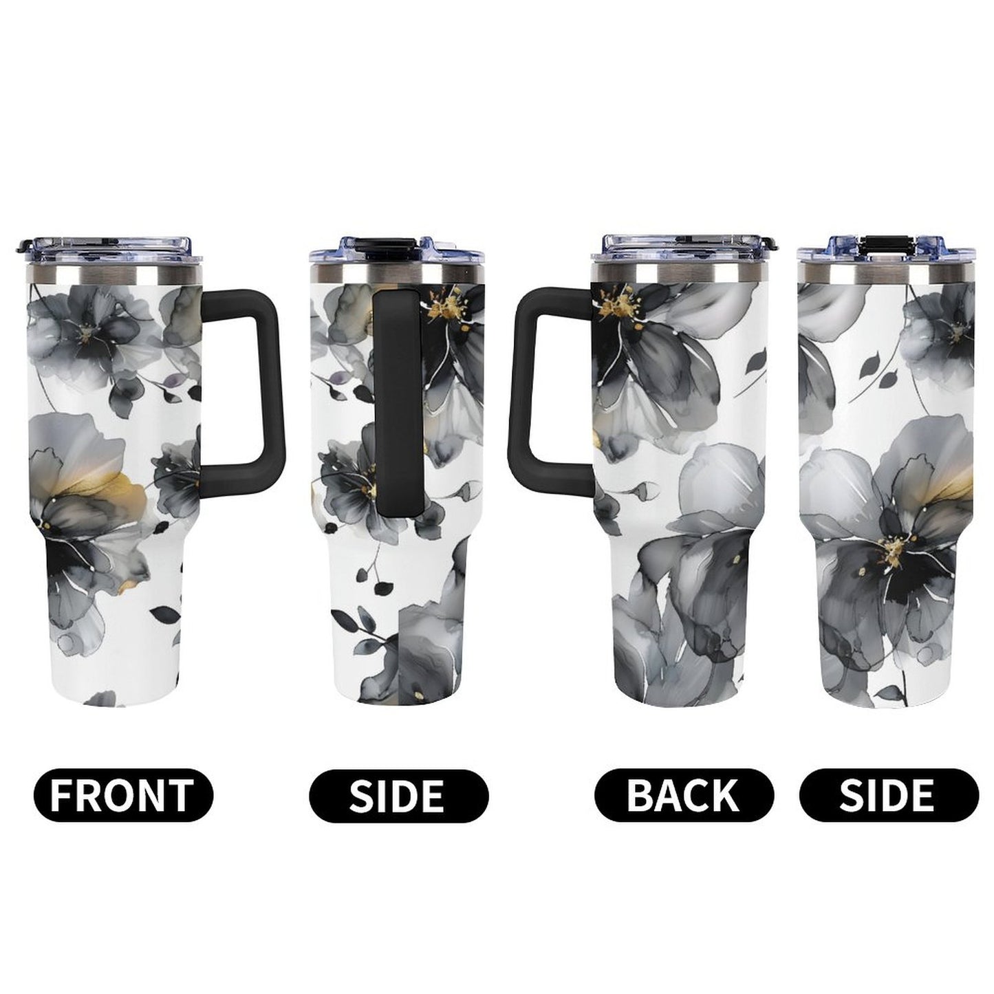 Alcohol Black Floral 40oz Insulated Tumbler with Handle and Straw