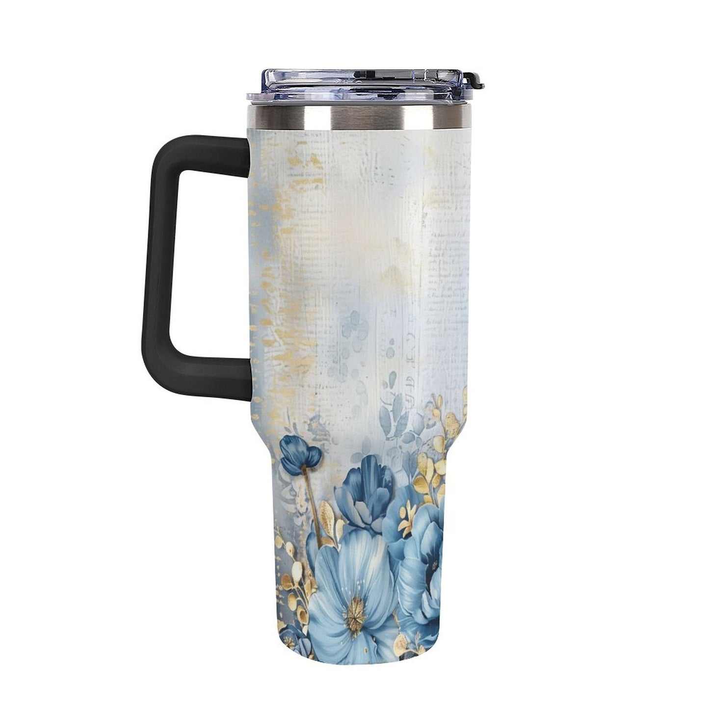 Blue and Gold Floral 40oz Insulated Tumbler with Handle and Straw