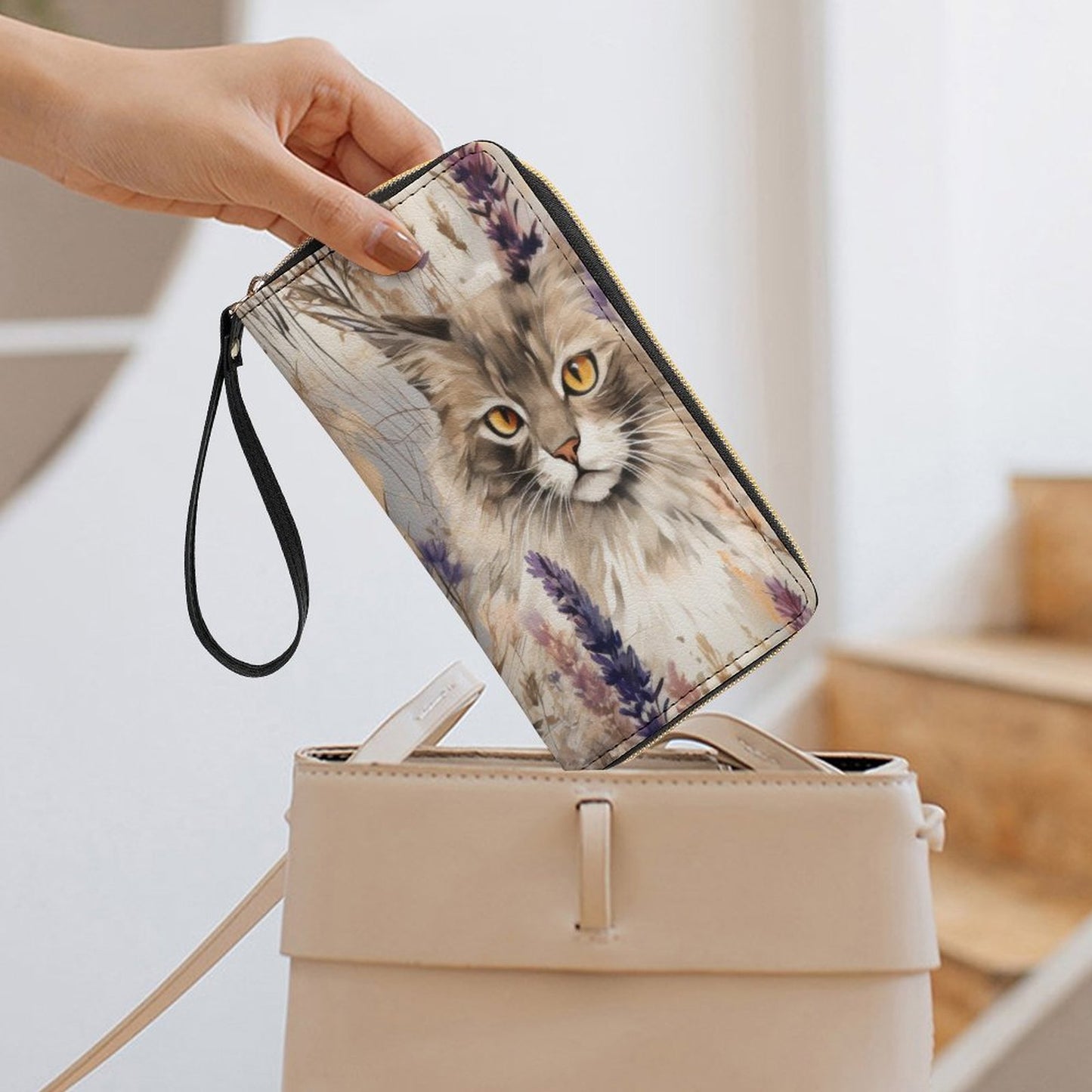 Cat with Floral Leather Wallet with Wristlet Strap