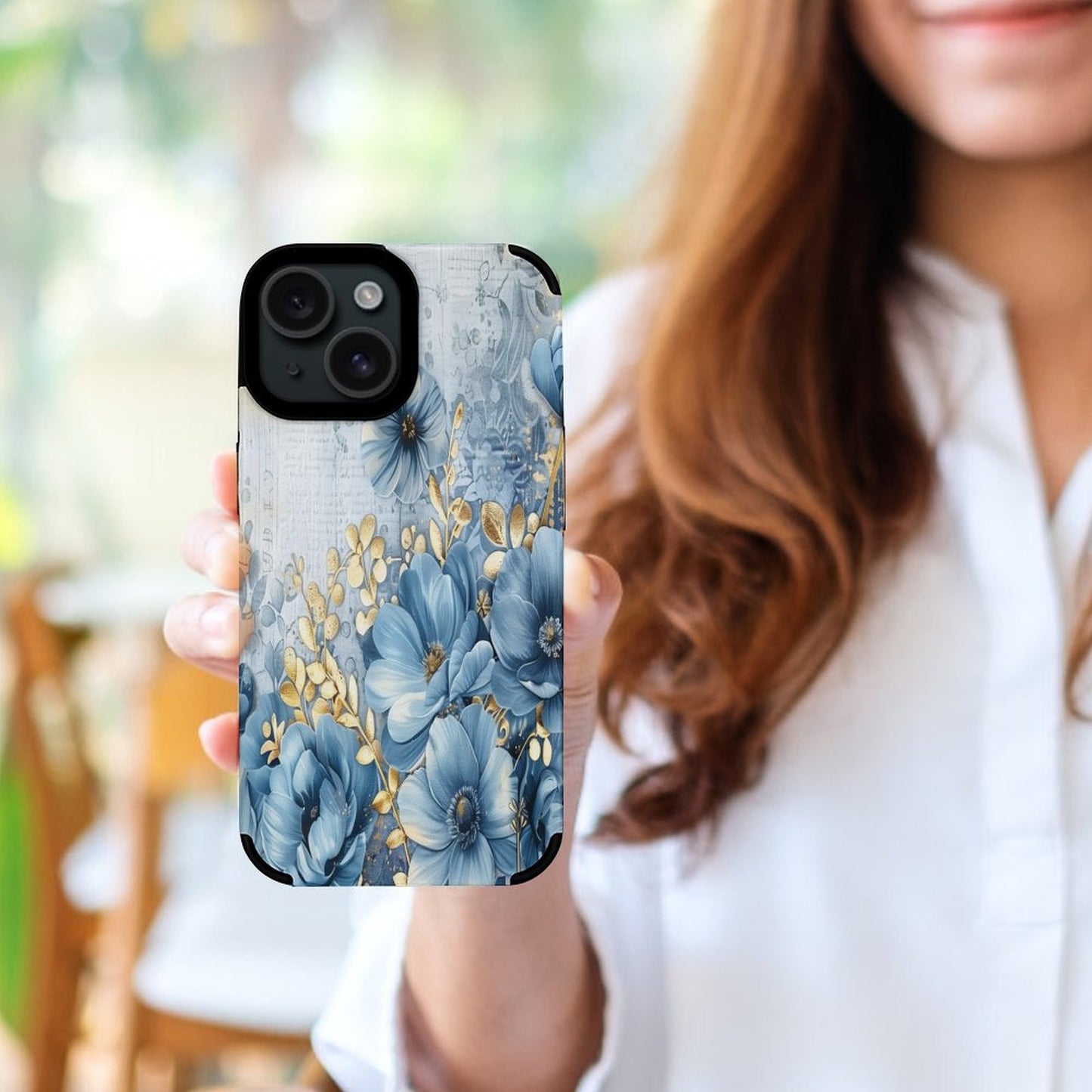 Blue and Gold Floral Microfiber iPhone Case for iPhone 15 Series