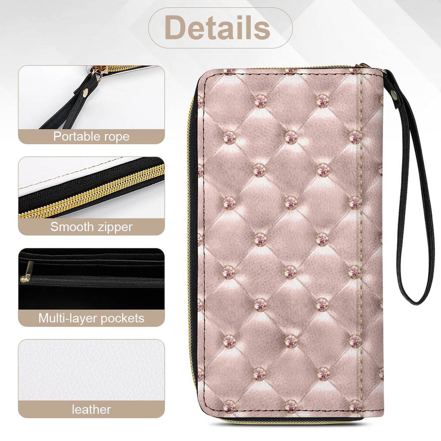 Light Pink Bling Leather Wallet with Wristlet Strap