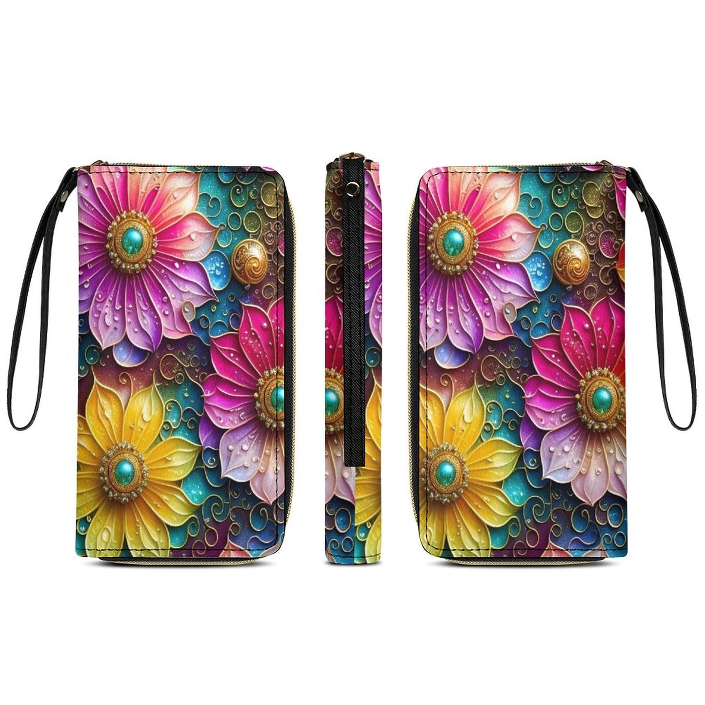 Bright Floral Desigm Leather Wallet with Wristlet Strap