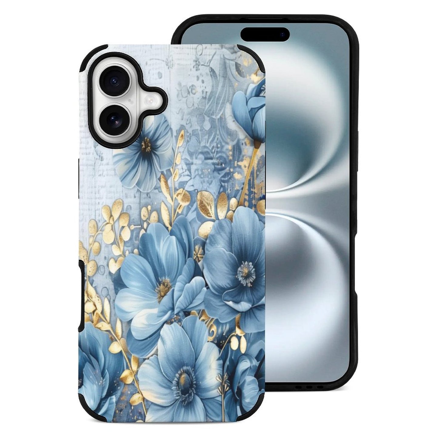 Blue and Gold Floral Microfiber iPhone Case for iPhone 16 Series