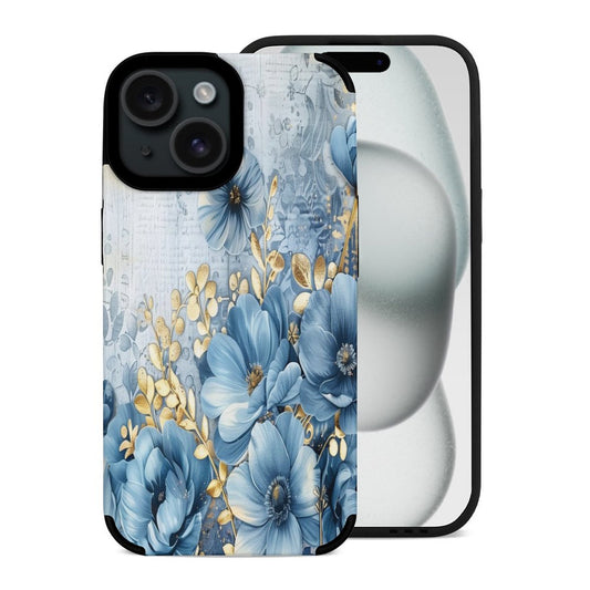 Blue and Gold Floral Microfiber iPhone Case for iPhone 15 Series