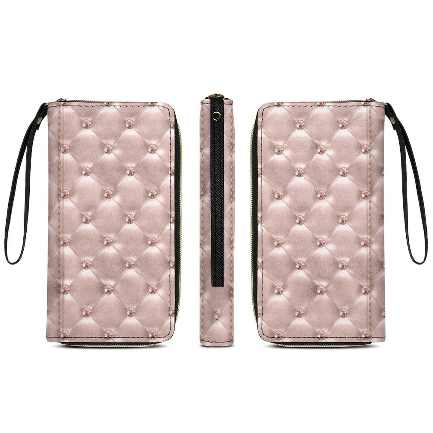 Light Pink Bling Leather Wallet with Wristlet Strap