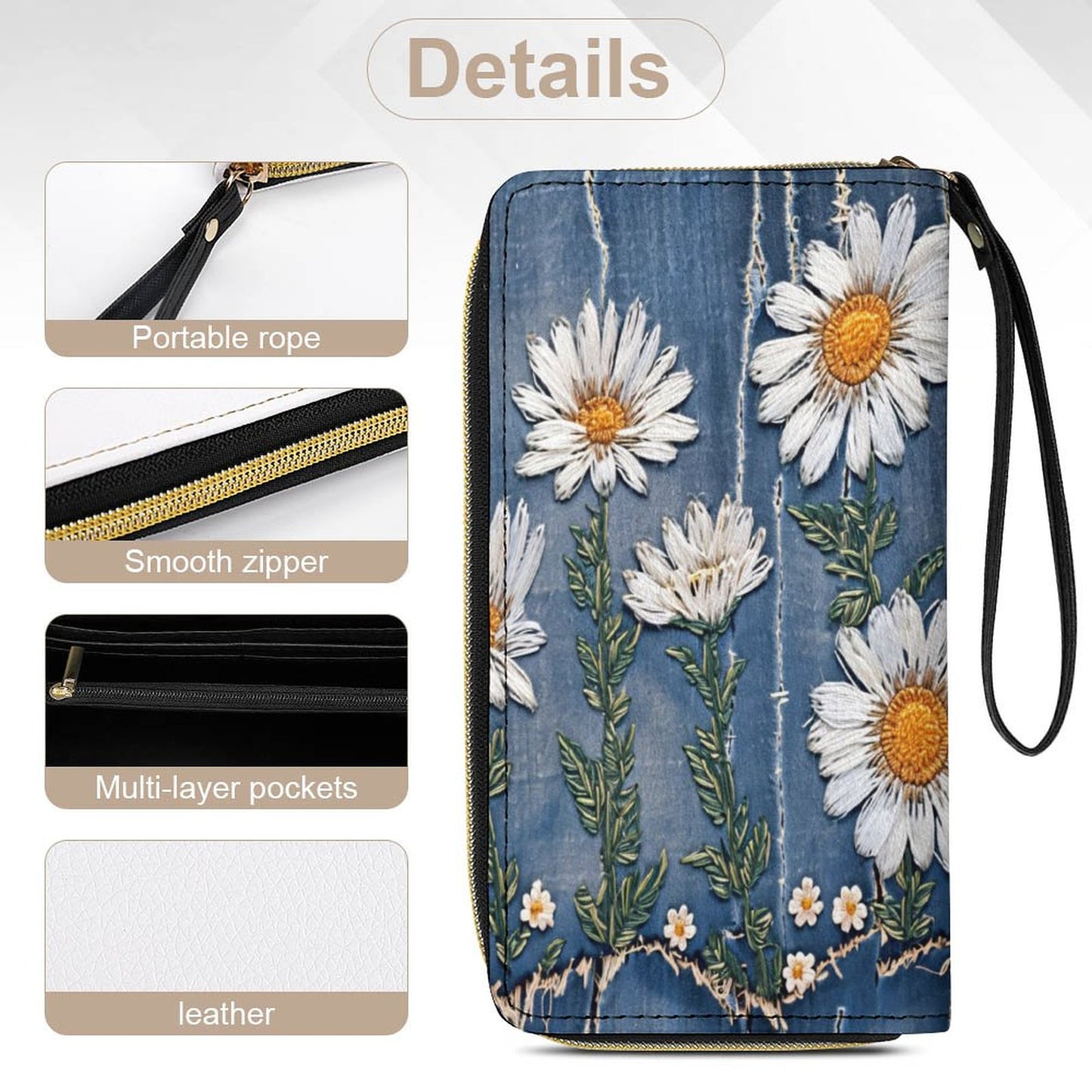 Denim and Daisies Leather Wallet with Wristlet Strap