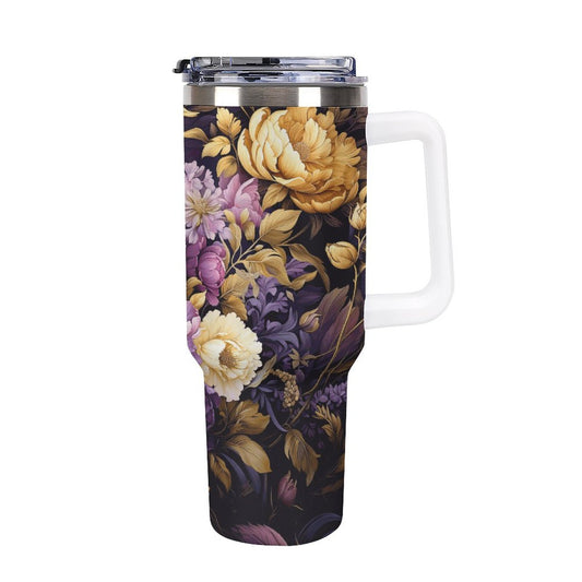 Purple Floral 40oz Insulated Tumbler with Handle and Straw