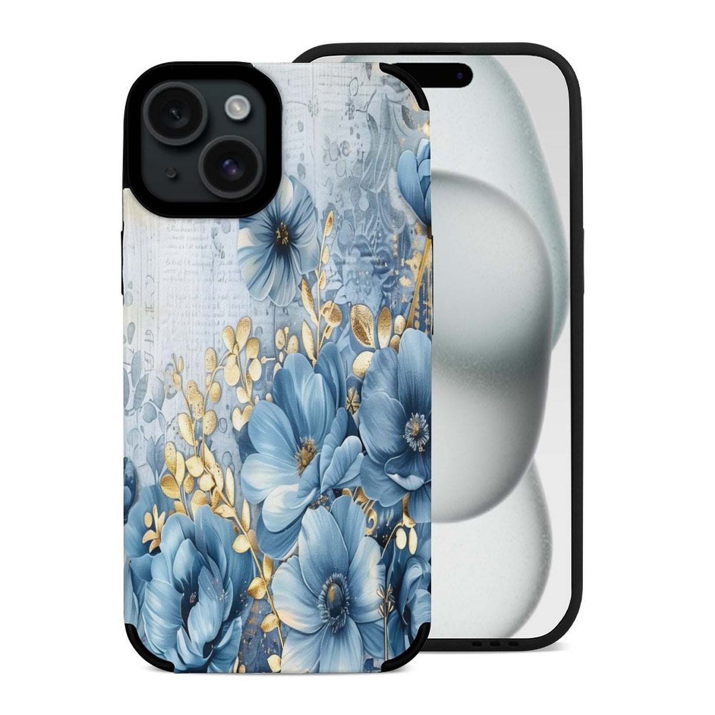 Blue and Gold Floral Microfiber iPhone Case for iPhone 15 Series