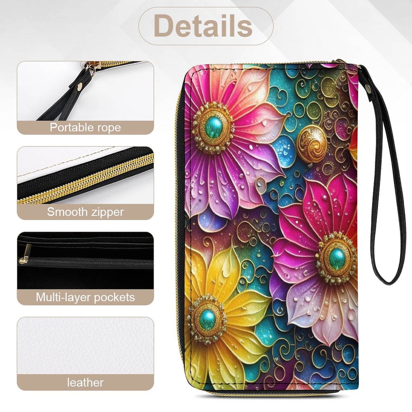 Bright Floral Desigm Leather Wallet with Wristlet Strap