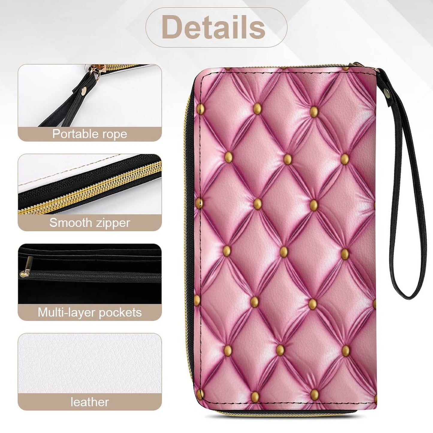 Pink Leather Wallet with Wristlet Strap