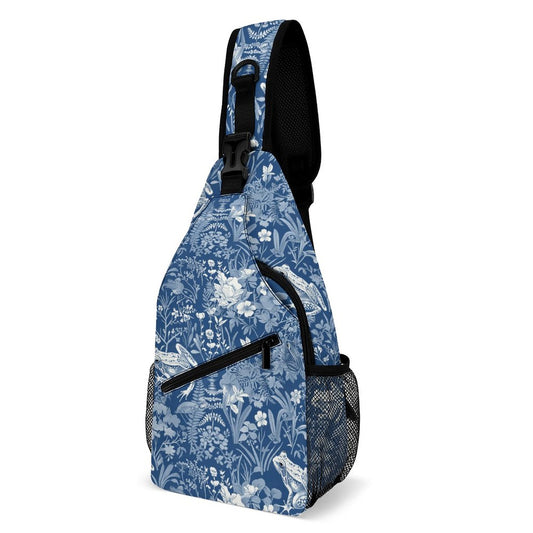 Blue and White Flowers with Frogs Unique Sling Bags