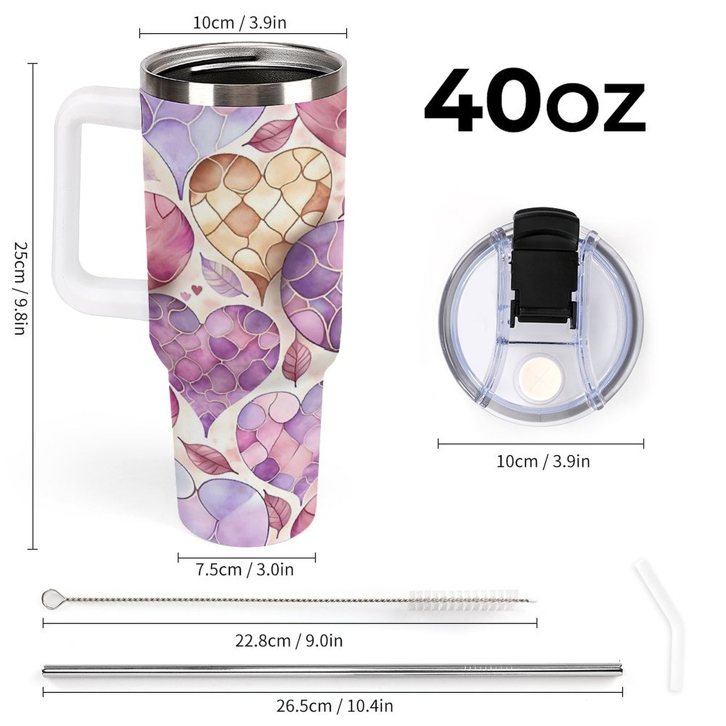 Hearts and Leaves 40oz Insulated Tumbler with Handle and Straw
