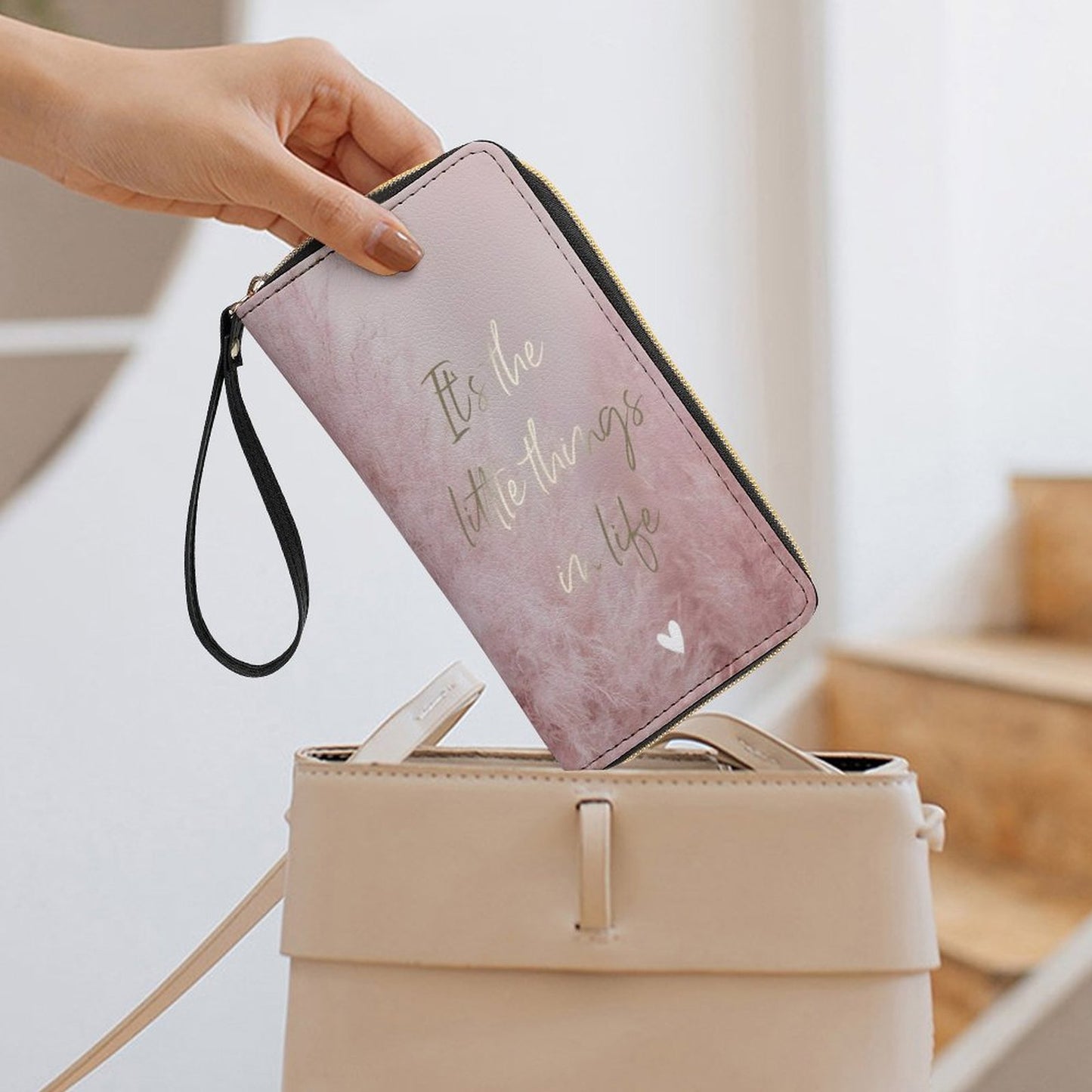 Pink Leather Wallet with Wristlet Strap