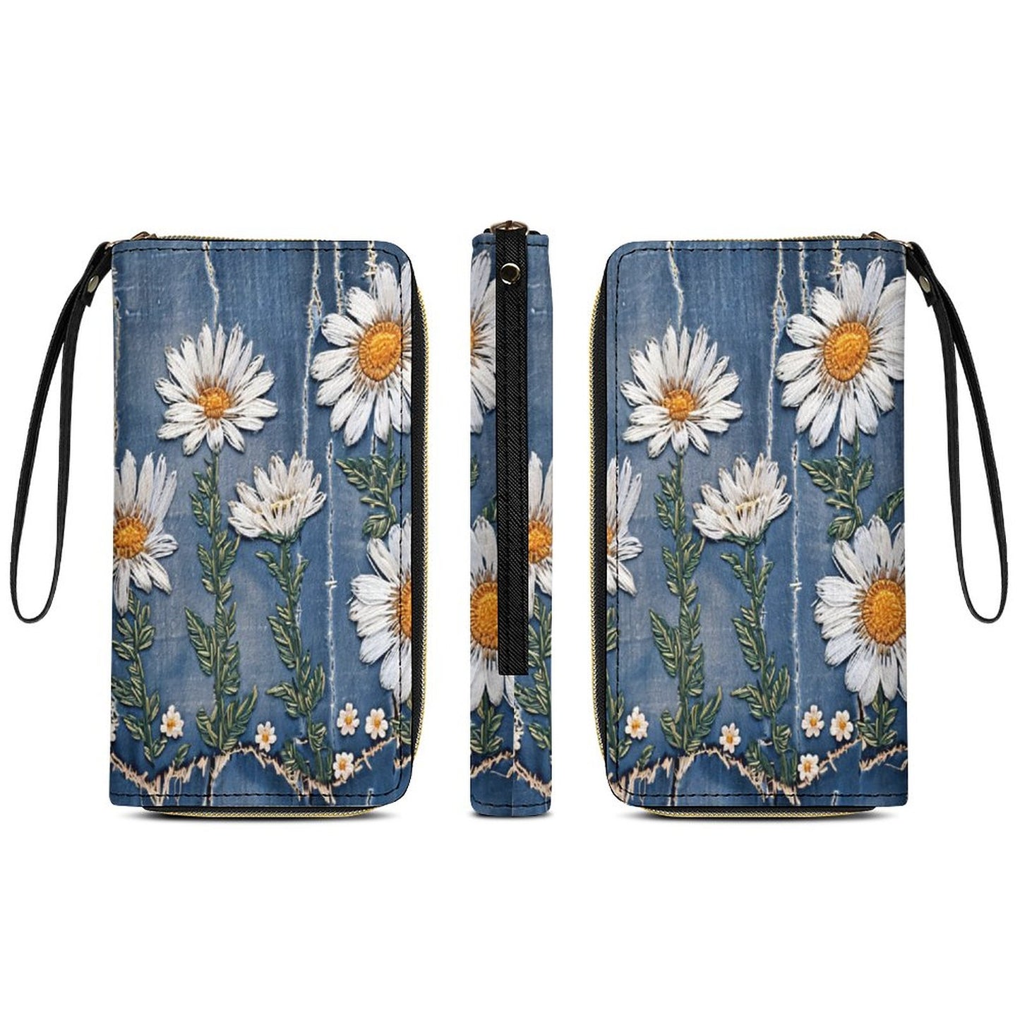 Denim and Daisies Leather Wallet with Wristlet Strap