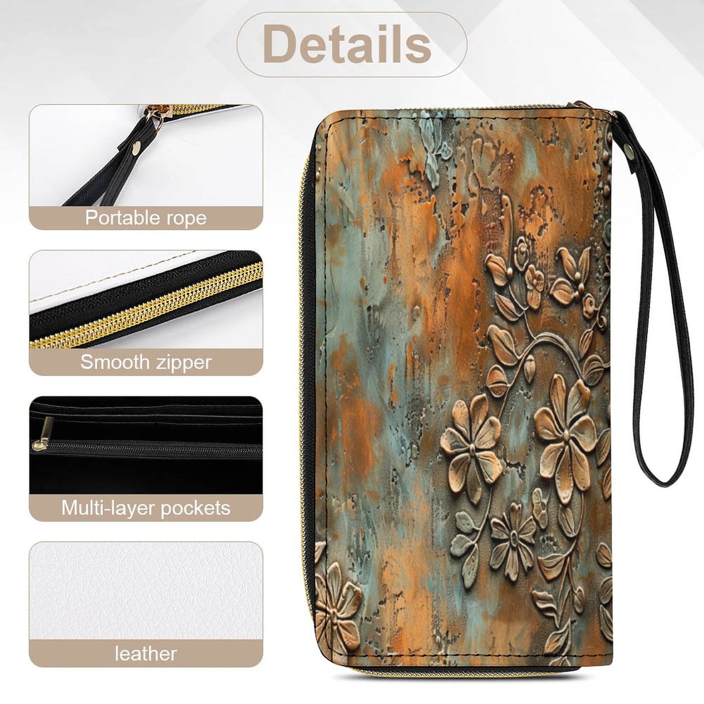 Vintage Rust Floral Leather Wallet with Wristlet Strap