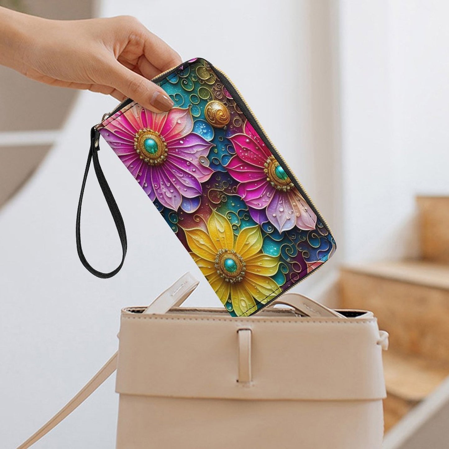 Bright Floral Desigm Leather Wallet with Wristlet Strap