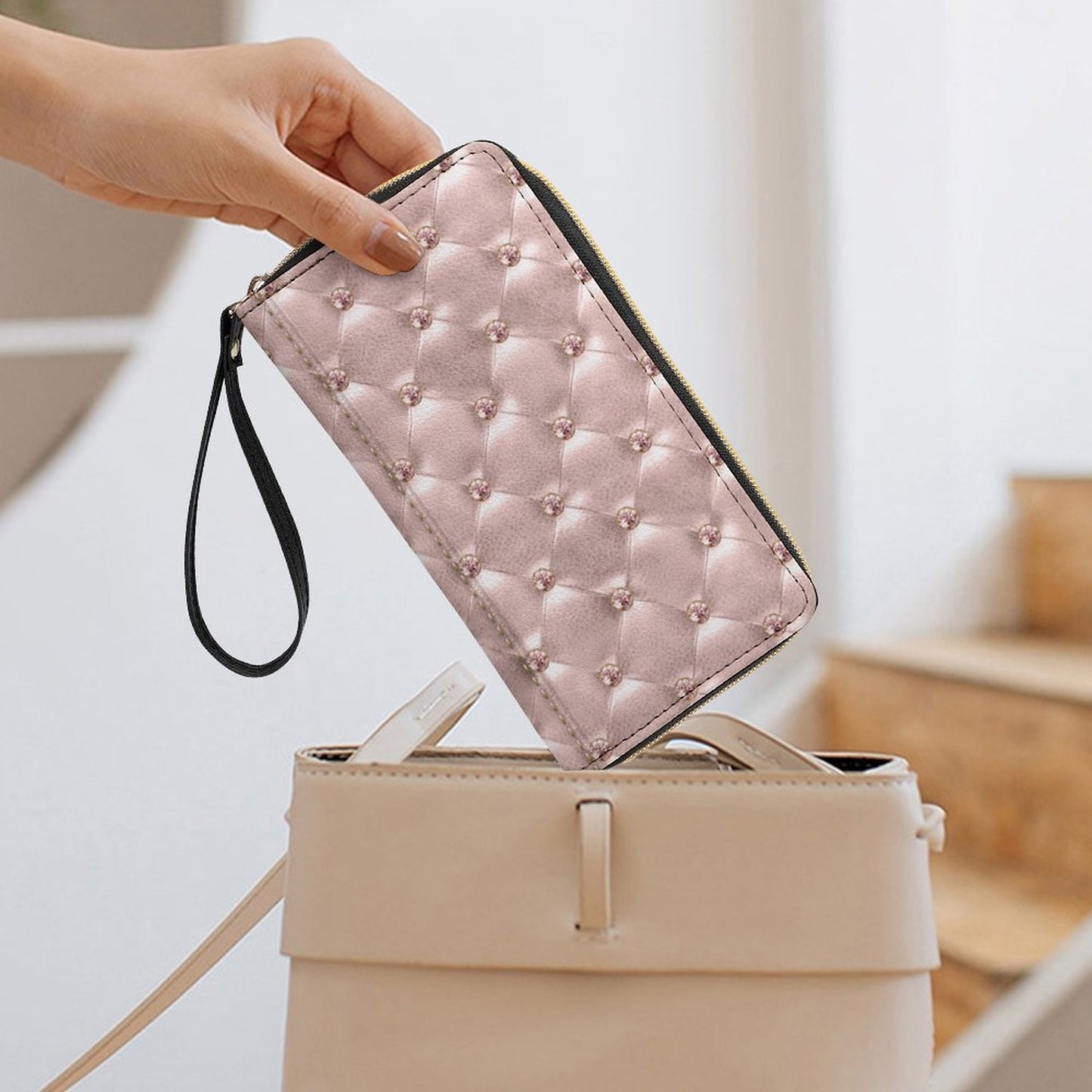 Light Pink Bling Leather Wallet with Wristlet Strap