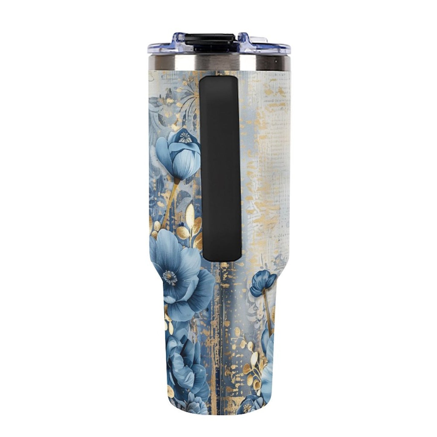 Blue and Gold Floral 40oz Insulated Tumbler with Handle and Straw