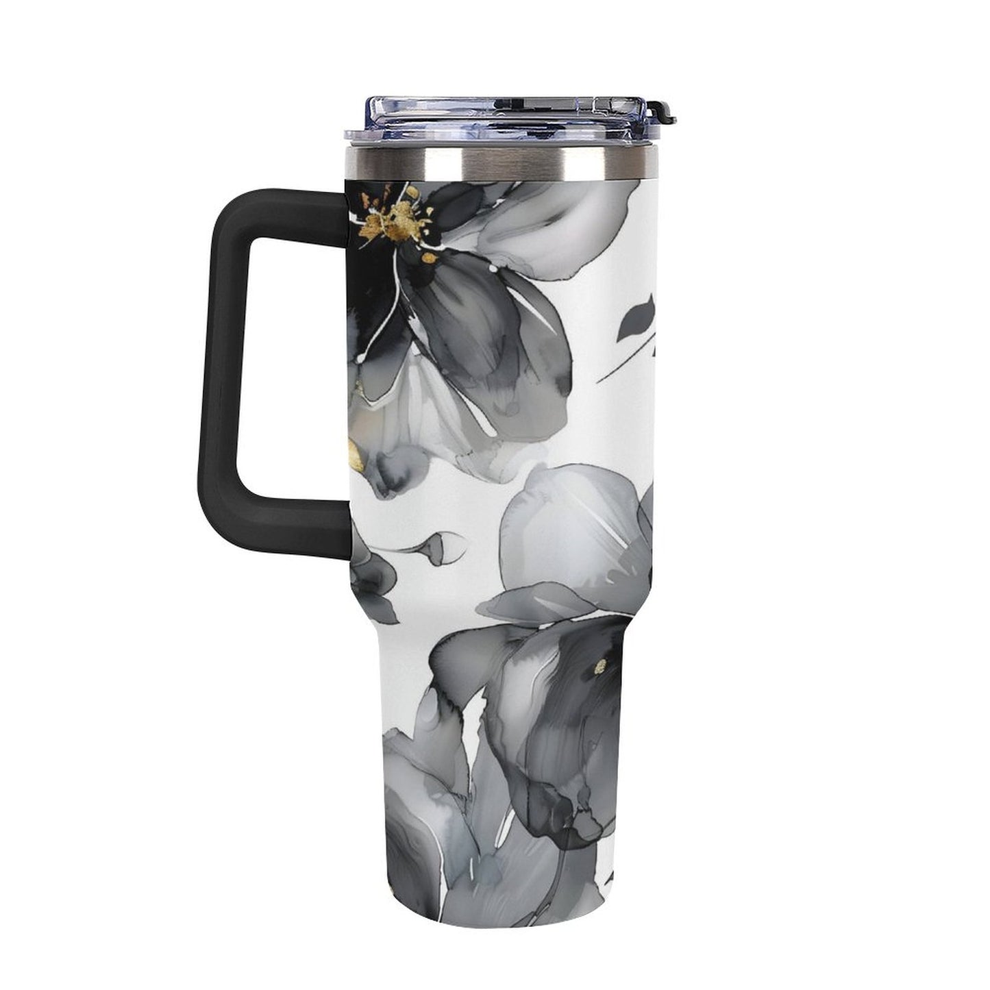 Alcohol Black Floral 40oz Insulated Tumbler with Handle and Straw