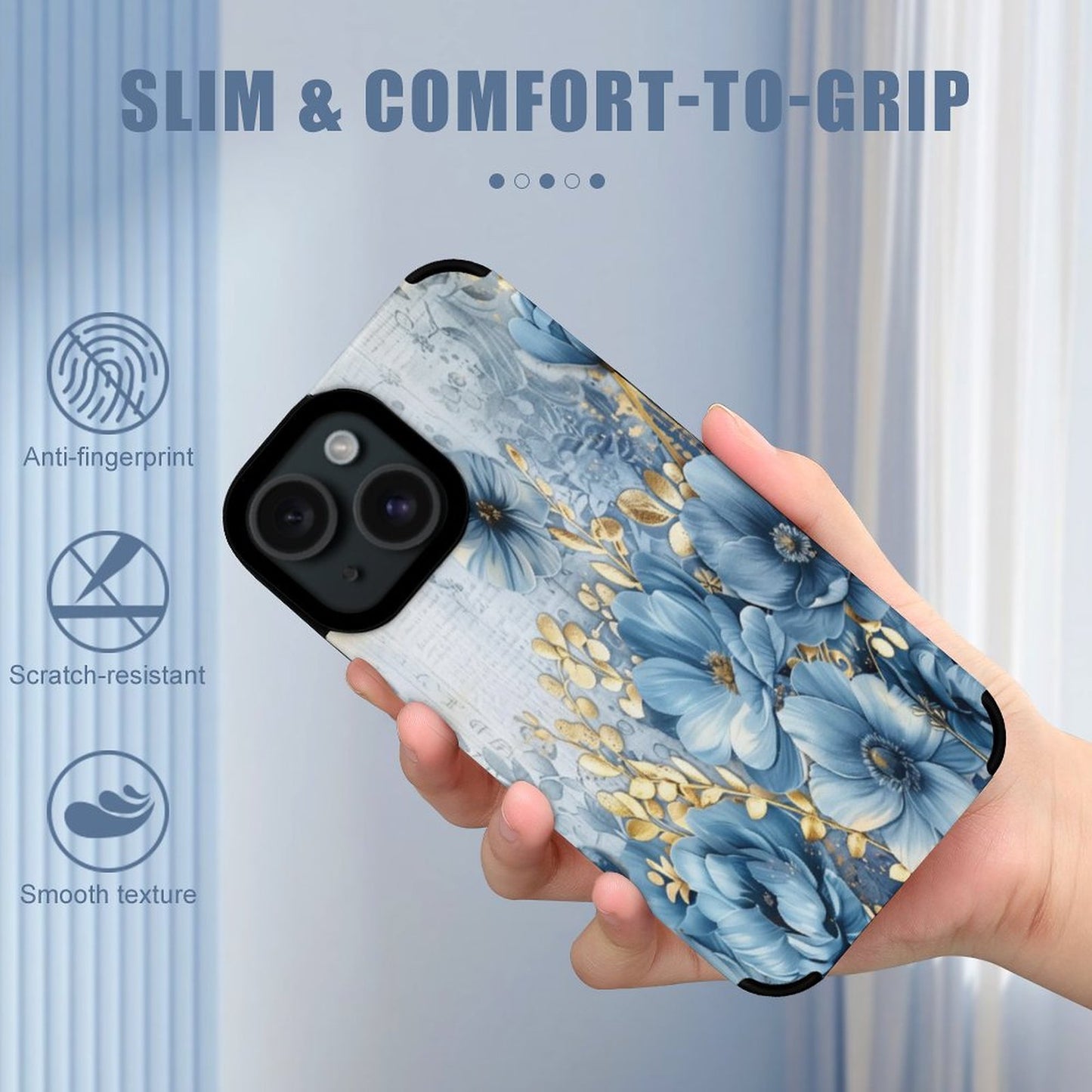 Blue and Gold Floral Microfiber iPhone Case for iPhone 15 Series