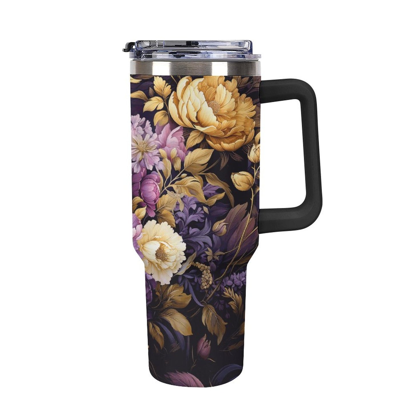 Purple Floral 40oz Insulated Tumbler with Handle and Straw