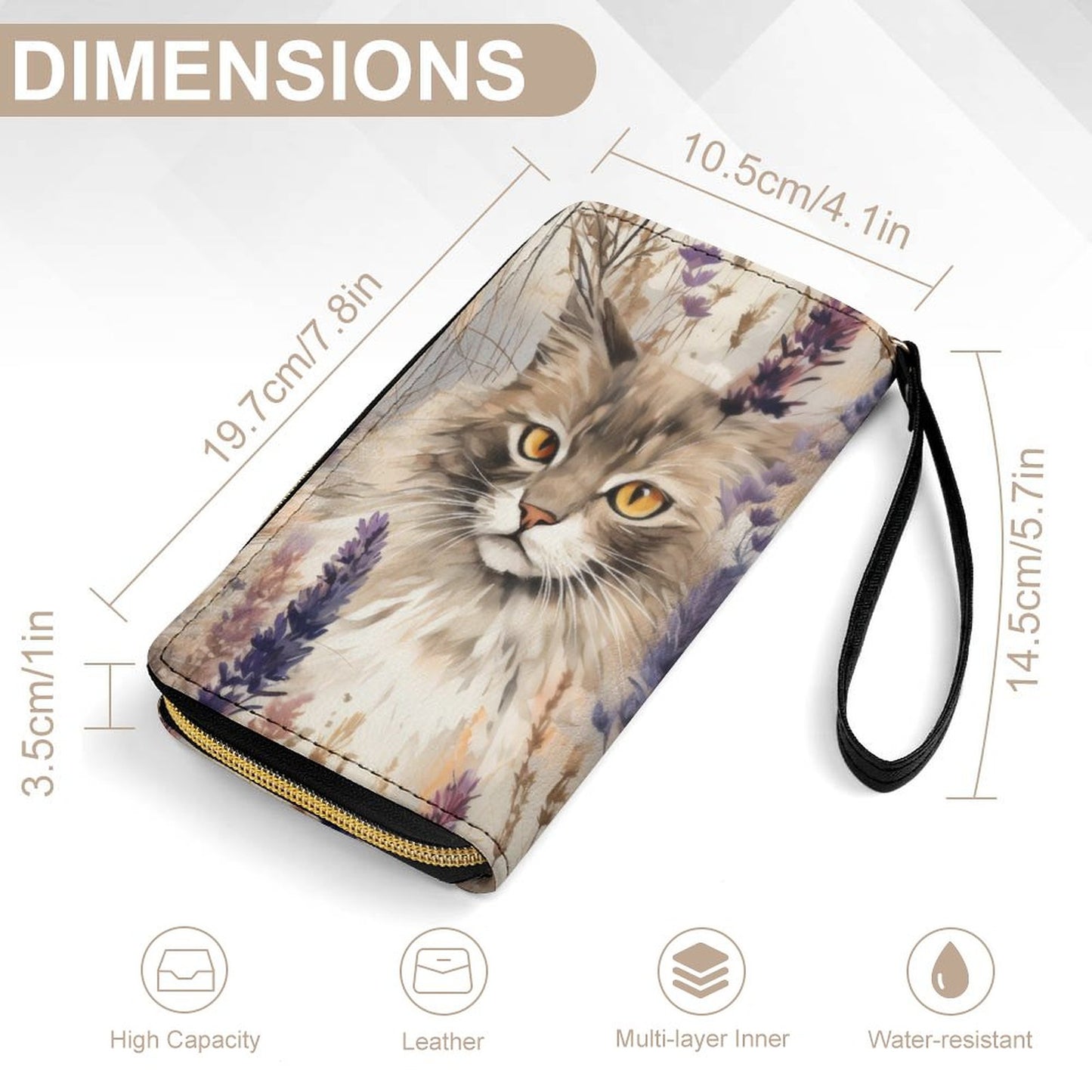 Cat with Floral Leather Wallet with Wristlet Strap