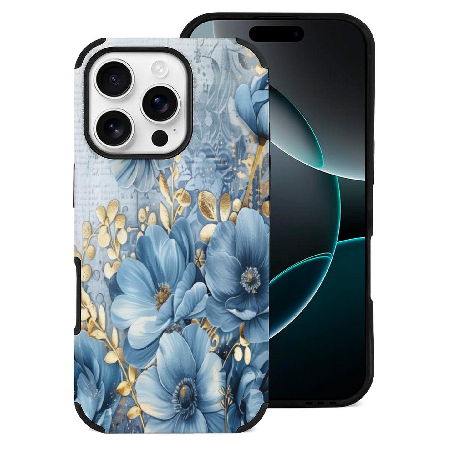 Blue and Gold Floral Microfiber iPhone Case for iPhone 16 Series