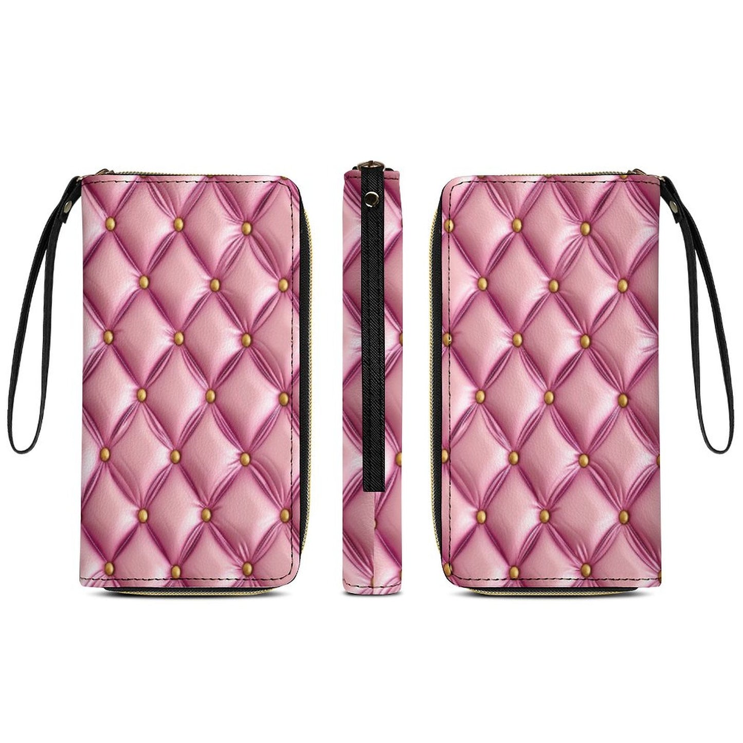 Pink Leather Wallet with Wristlet Strap