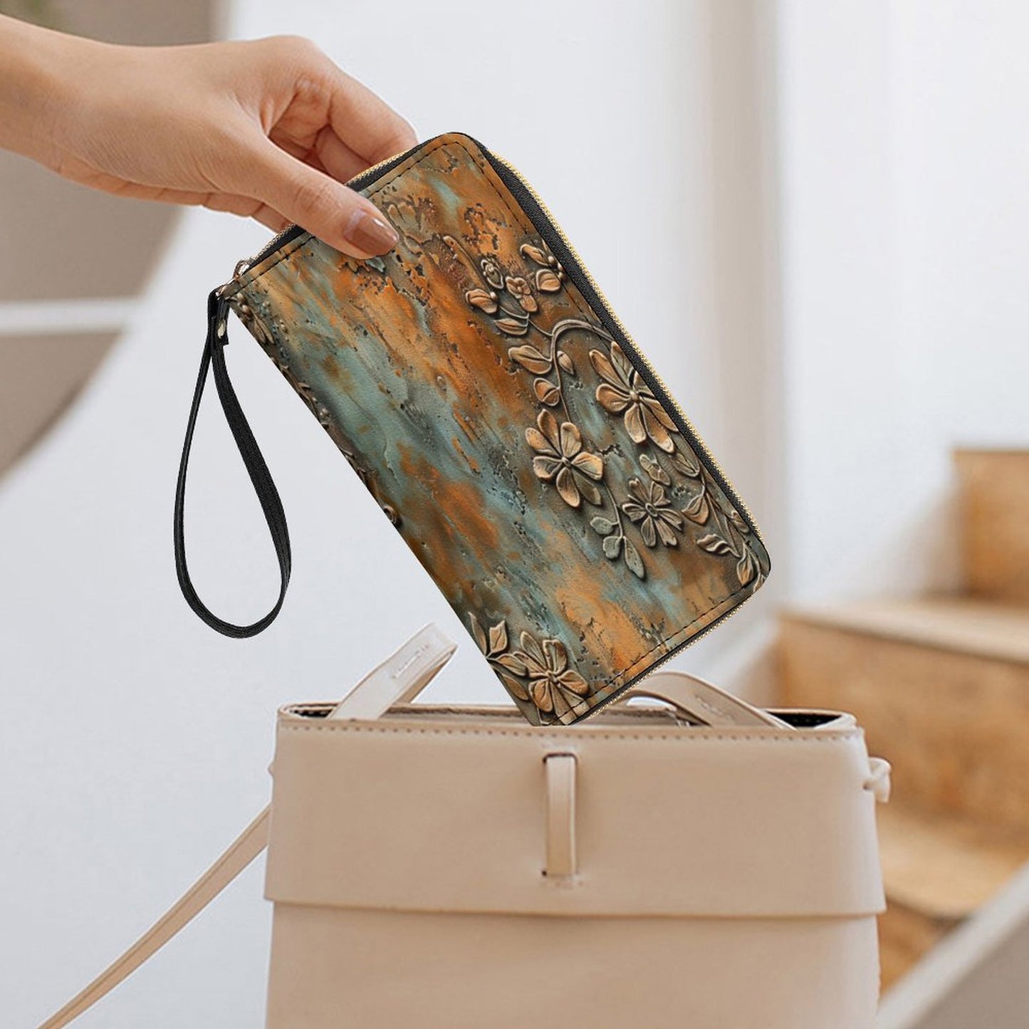 Vintage Rust Floral Leather Wallet with Wristlet Strap