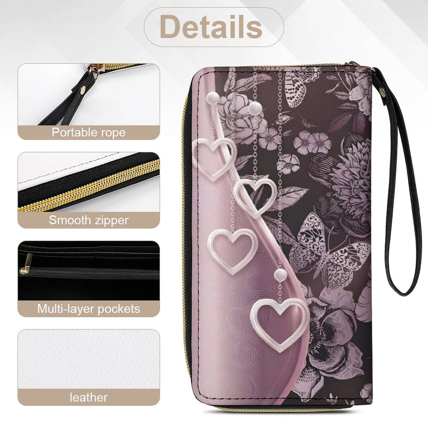 Hearts and Butterflies Leather Wallet with Wristlet Strap