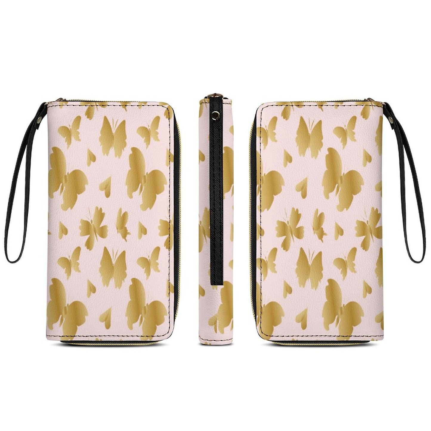 Pink and Gold Butterflies Leather Wallet with Wristlet Strap