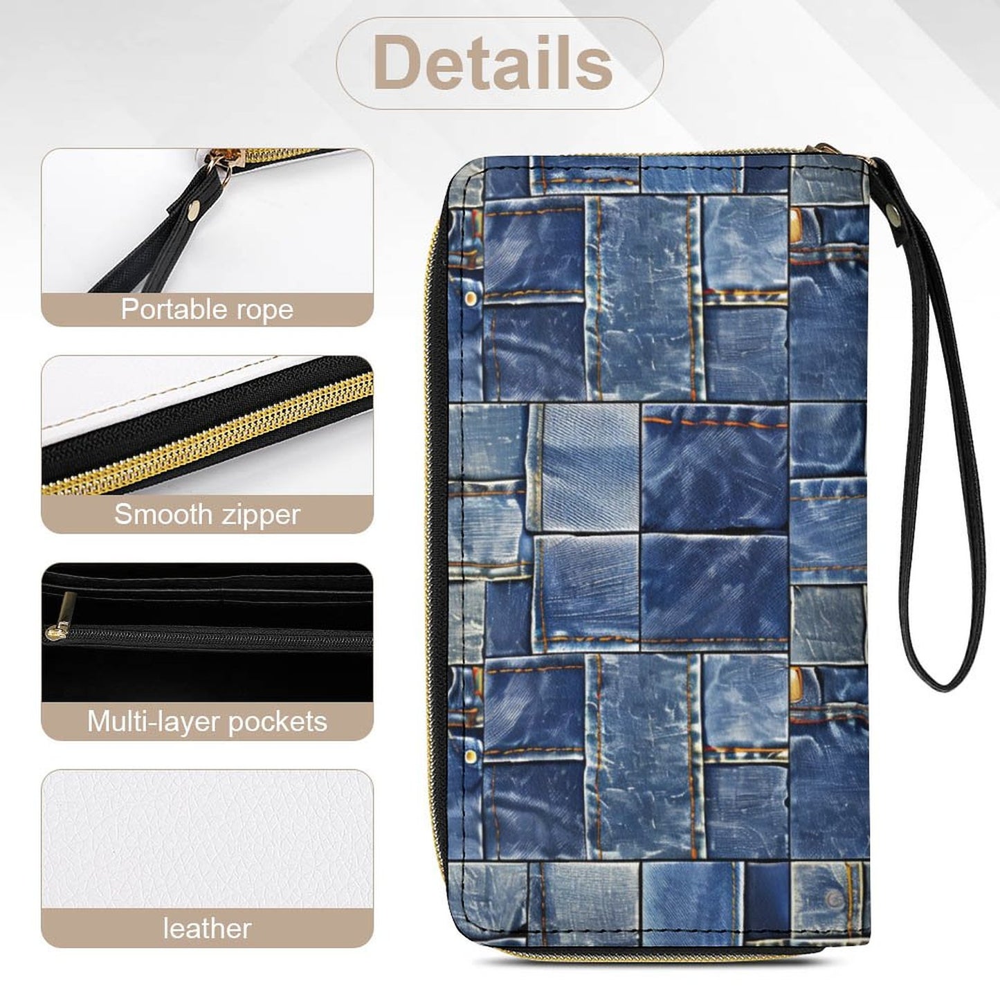 Denim Patch Leather Wallet with Wristlet Strap