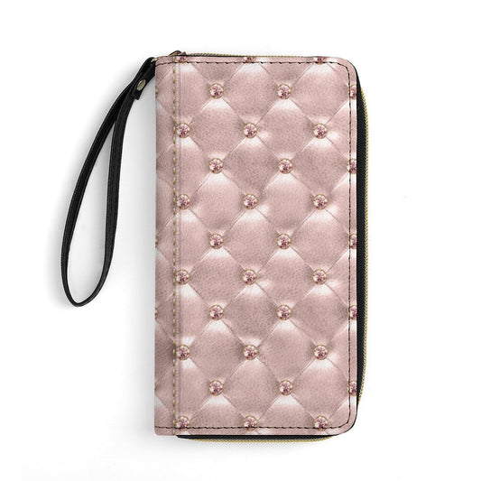 Light Pink Bling Leather Wallet with Wristlet Strap