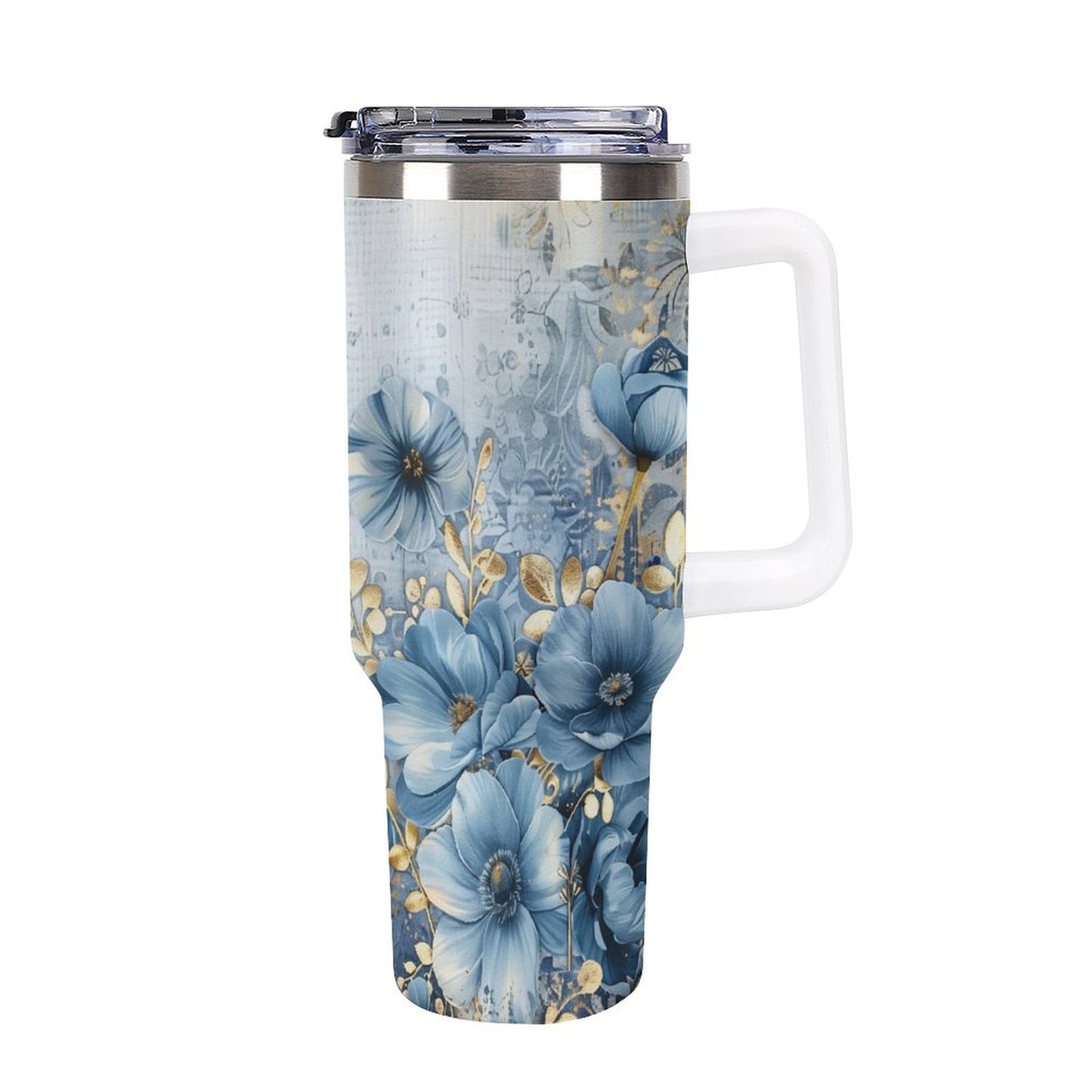 Blue and Gold Floral 40oz Insulated Tumbler with Handle and Straw