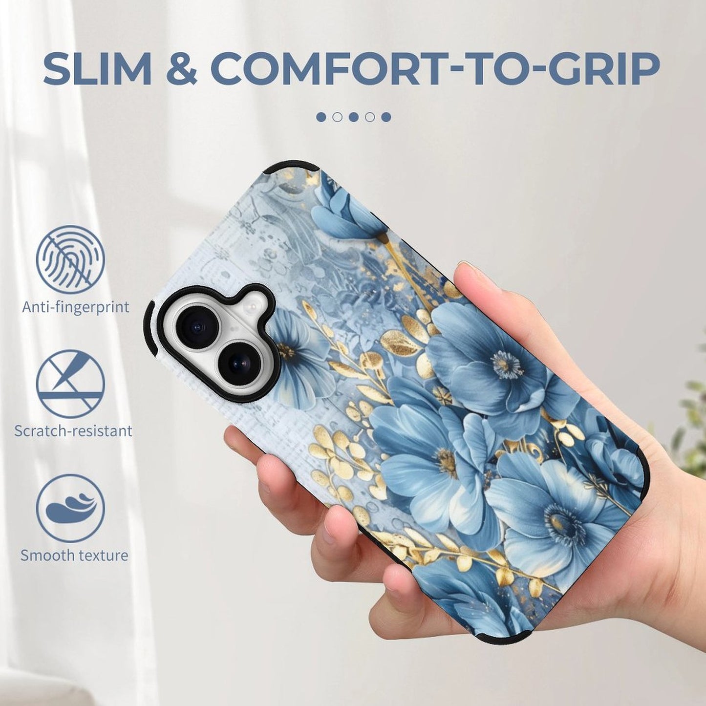 Blue and Gold Floral Microfiber iPhone Case for iPhone 16 Series