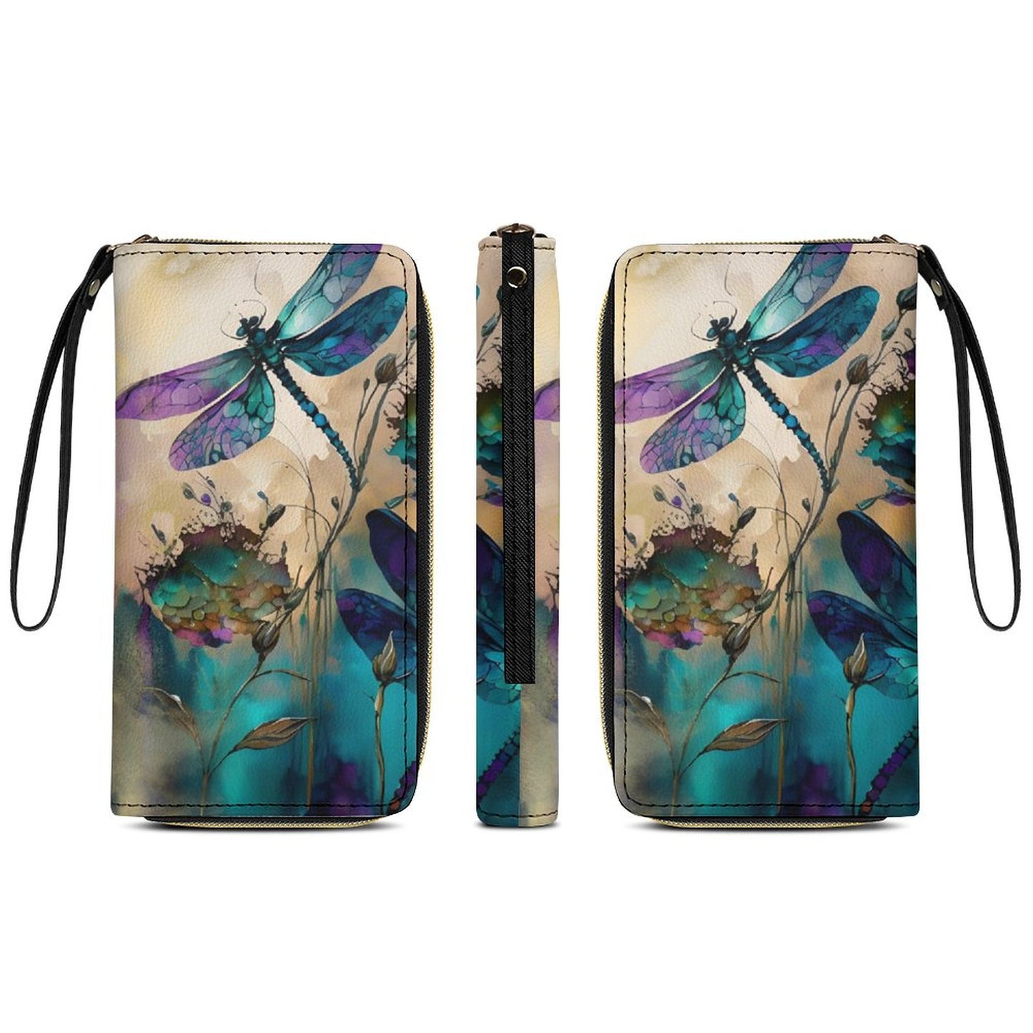 Dragonfly Leather Wallet with Wristlet Strap