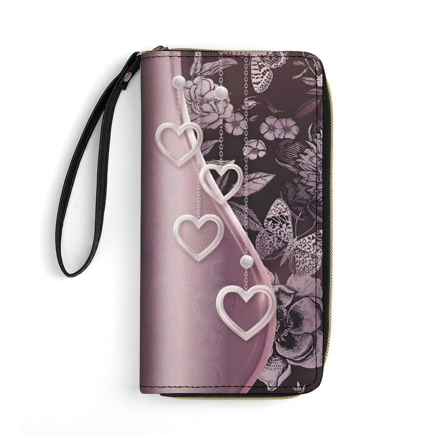 Hearts and Butterflies Leather Wallet with Wristlet Strap