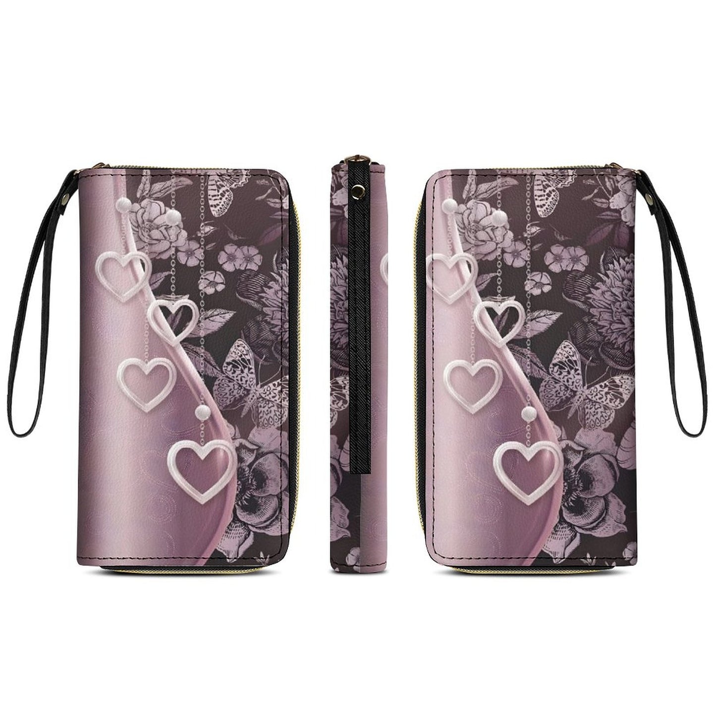 Hearts and Butterflies Leather Wallet with Wristlet Strap