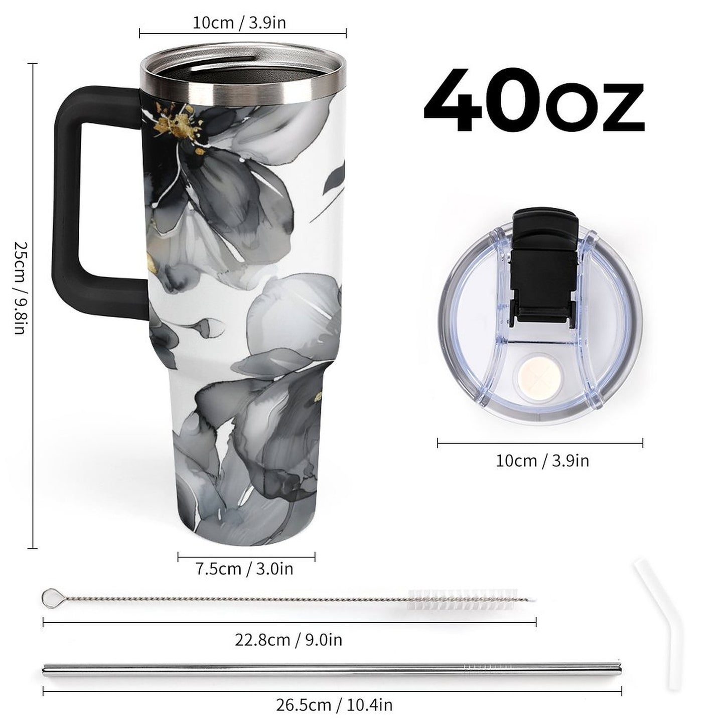 Alcohol Black Floral 40oz Insulated Tumbler with Handle and Straw