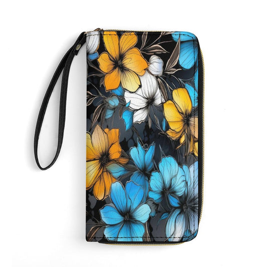 Blue and Gold Floral Leather Wallet with Wristlet Strap