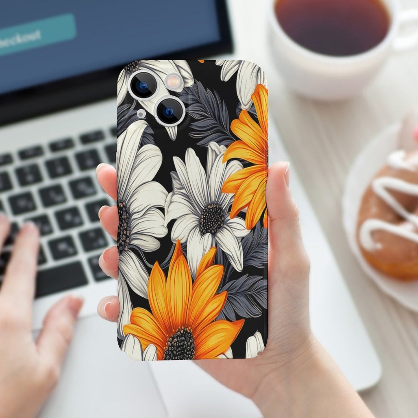 Orange and White Flowers Apple Case for iPhone 14 Series