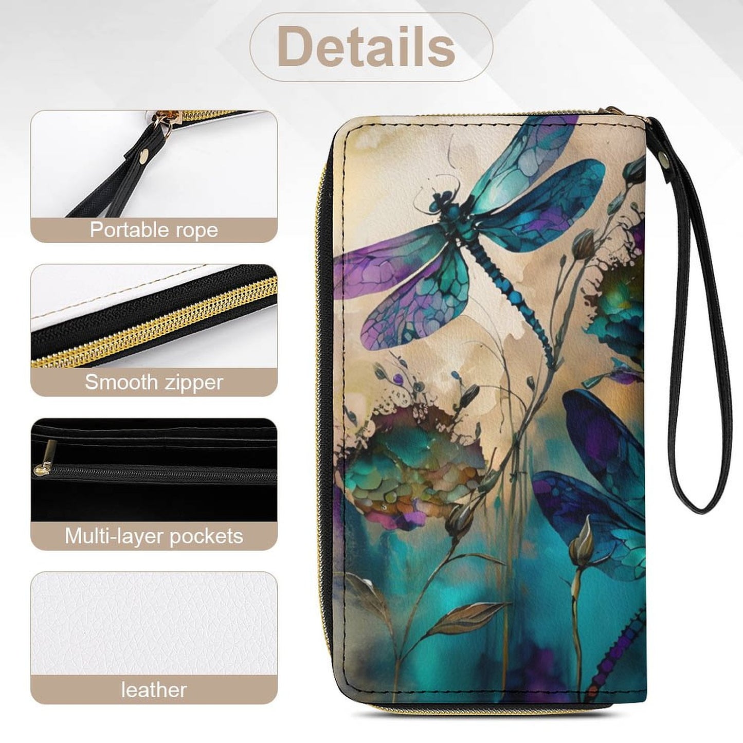 Dragonfly Leather Wallet with Wristlet Strap